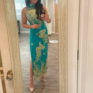 Elegant Teal and Gold Embroidered Dress (QiPao/HanFu)